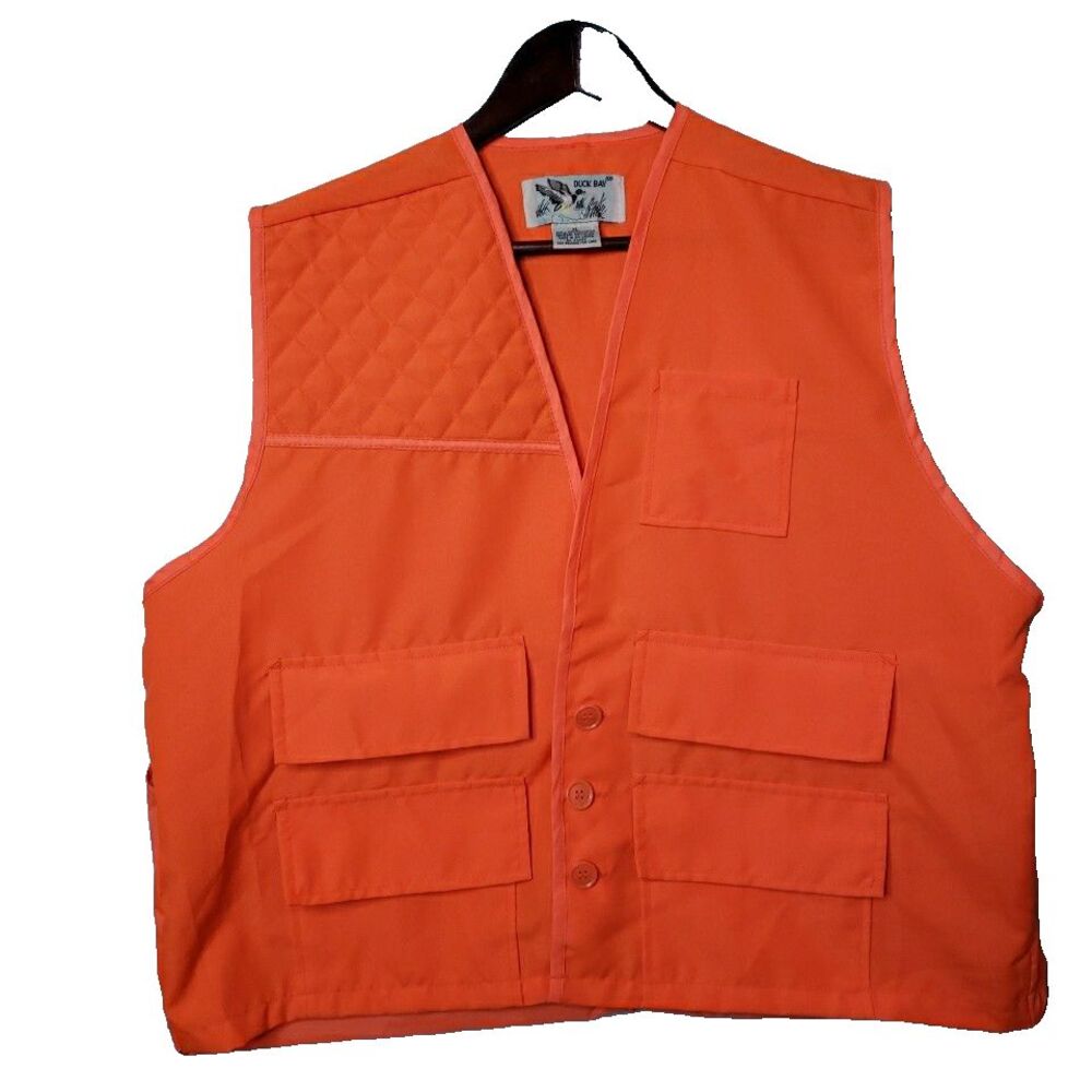 Vtg Duck Bay Vest Mens Sz XL Blaze Orange Duck Hunting Game Bag Pockets Quilted